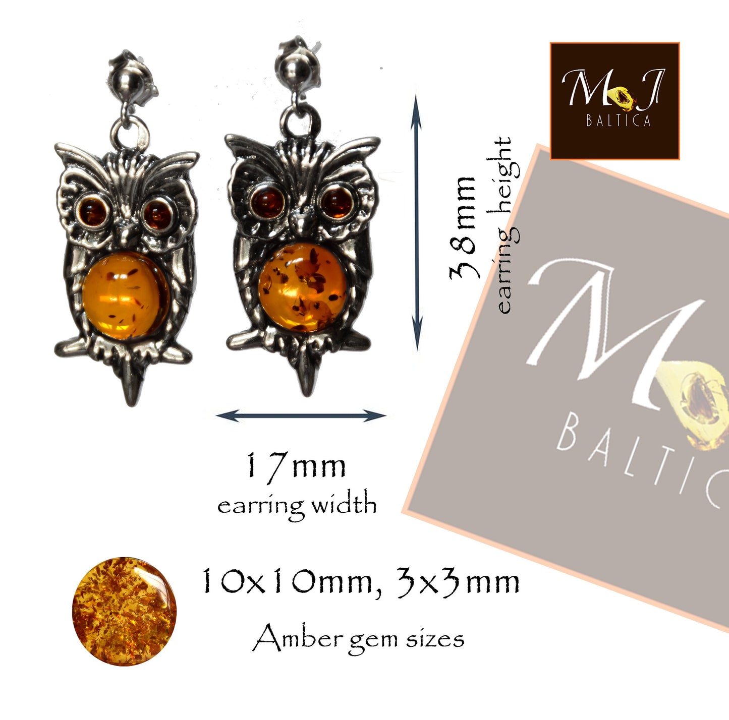 MJ Baltica, earrings, natural Baltic amber, 925 silver, owl, beautiful, handcrafted, BK102