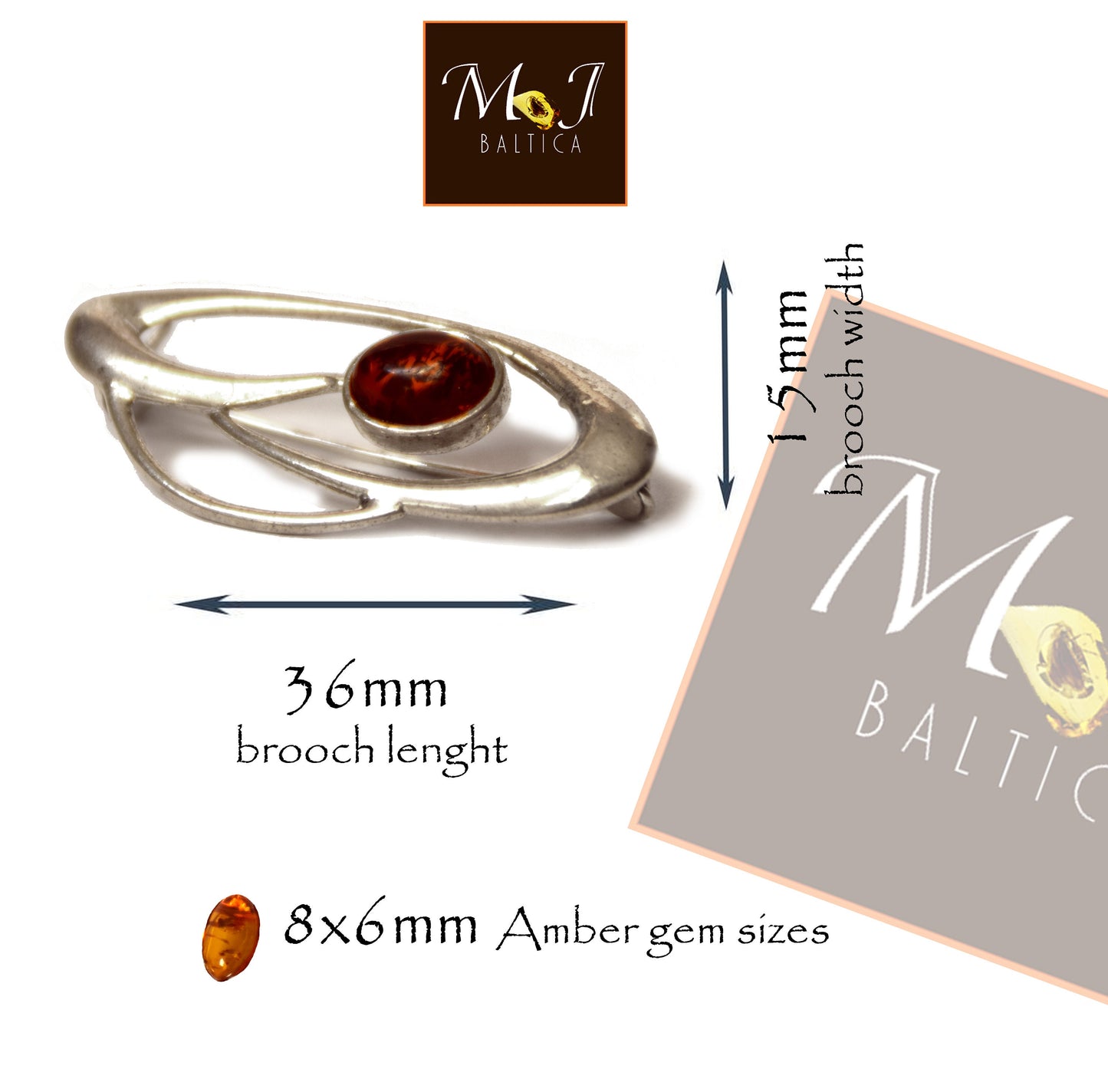 MJ Baltica, brooch, natural Baltic amber, 925 silver, abstract, luminous, handcrafted, BBR002