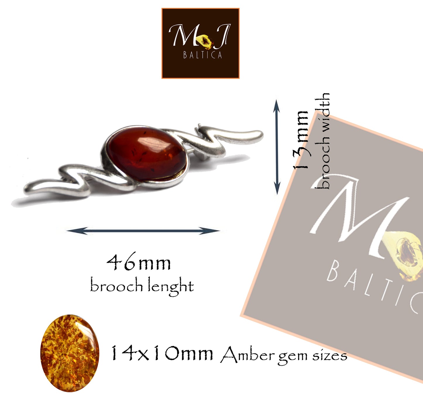 MJ Baltica, brooch, natural Baltic amber, 925 silver, abstract, long, handcrafted, BBR003