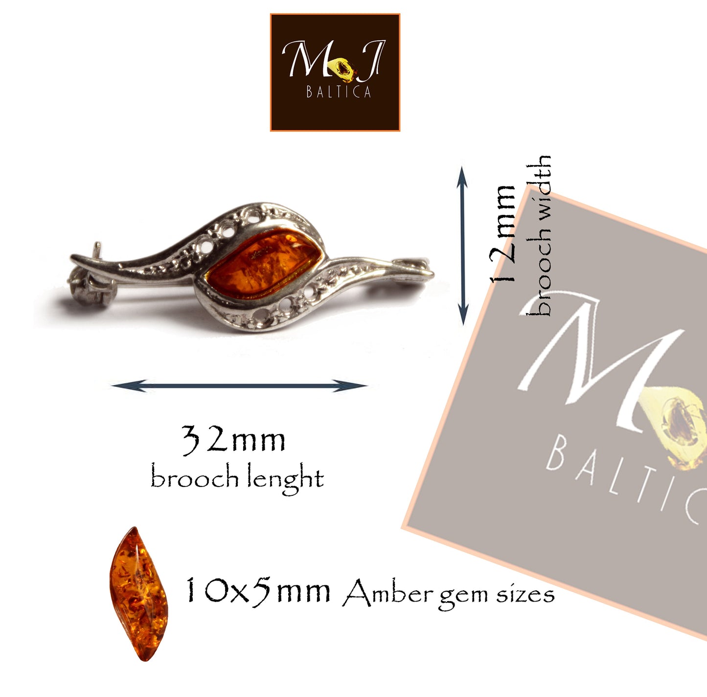 MJ Baltica, brooch, natural Baltic amber, 925 silver, delicate, handcrafted, BBR004