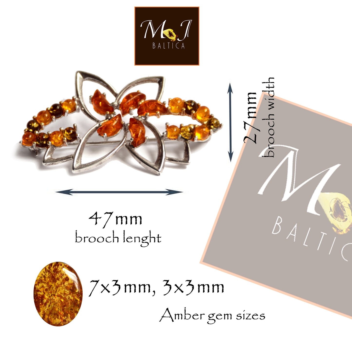 MJ Baltica, brooch, natural Baltic Amber, 925 Silver, multi color, rich, elegant, handcrafted, BBR005