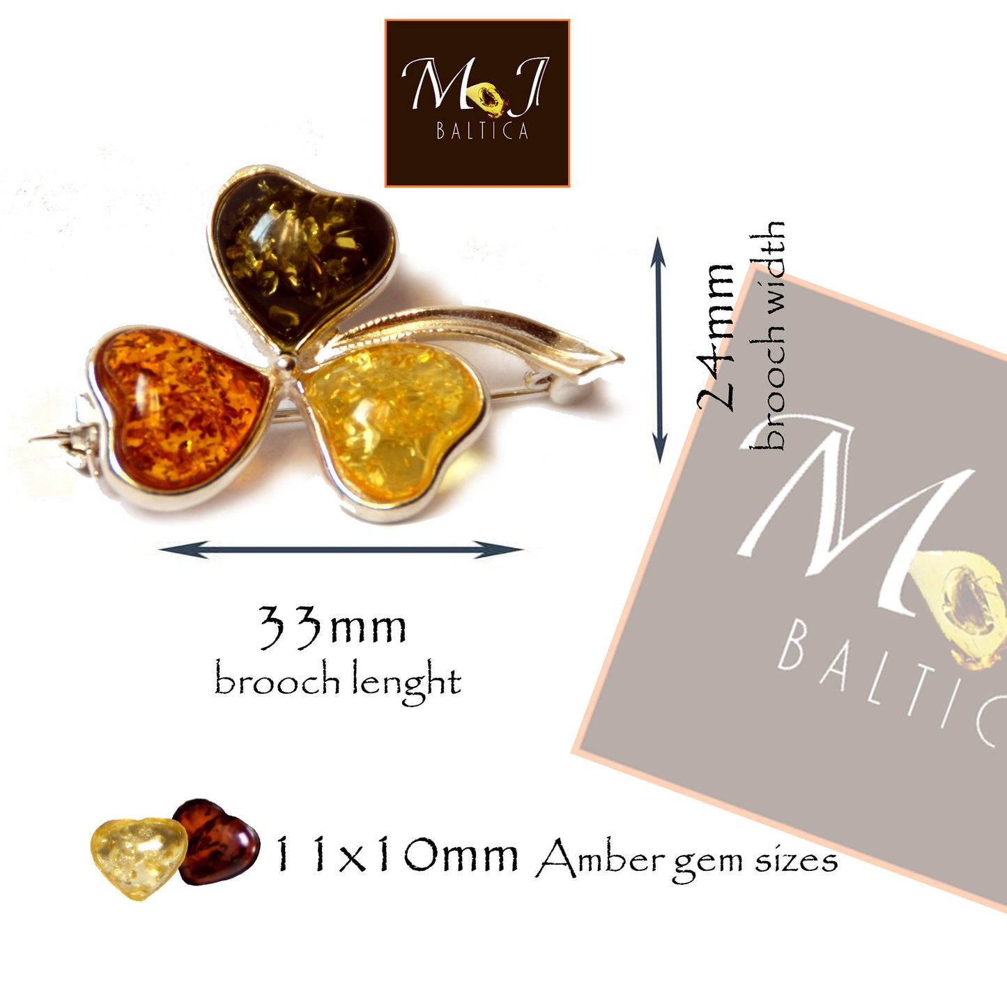 MJ Baltica, brooch, natural Baltic amber, 925 silver, flower, clover, multicolored, BBR011