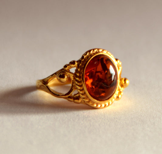 MJ Baltica, ring, natural Baltic Amber, 925 Silver, 14k Gold plated, vintage, handcrafted, BZP029