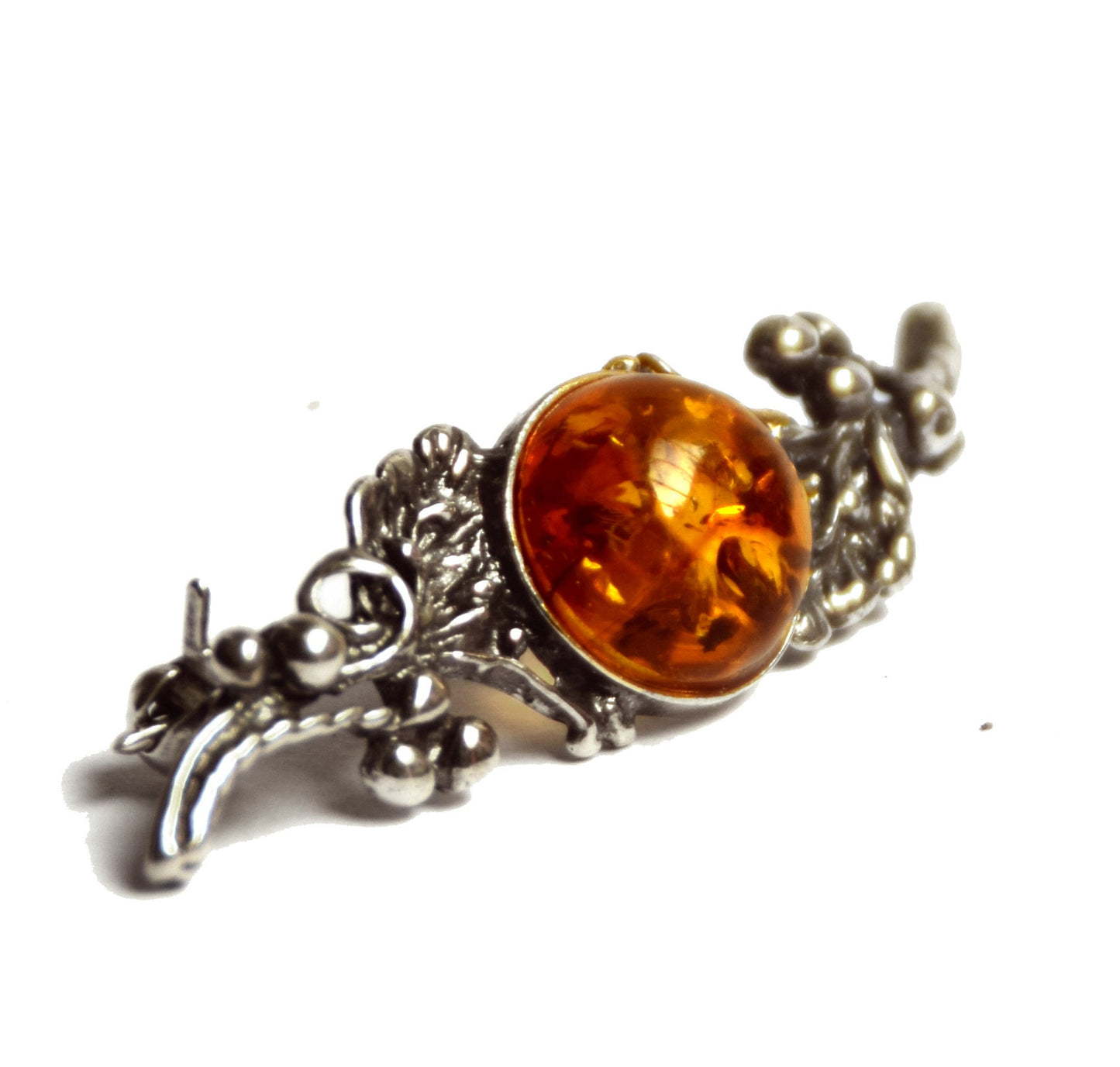 Vintage brooch with floral design created with natural cognac-colored Amber and 925 Silver, MJ Baltica, BBR016