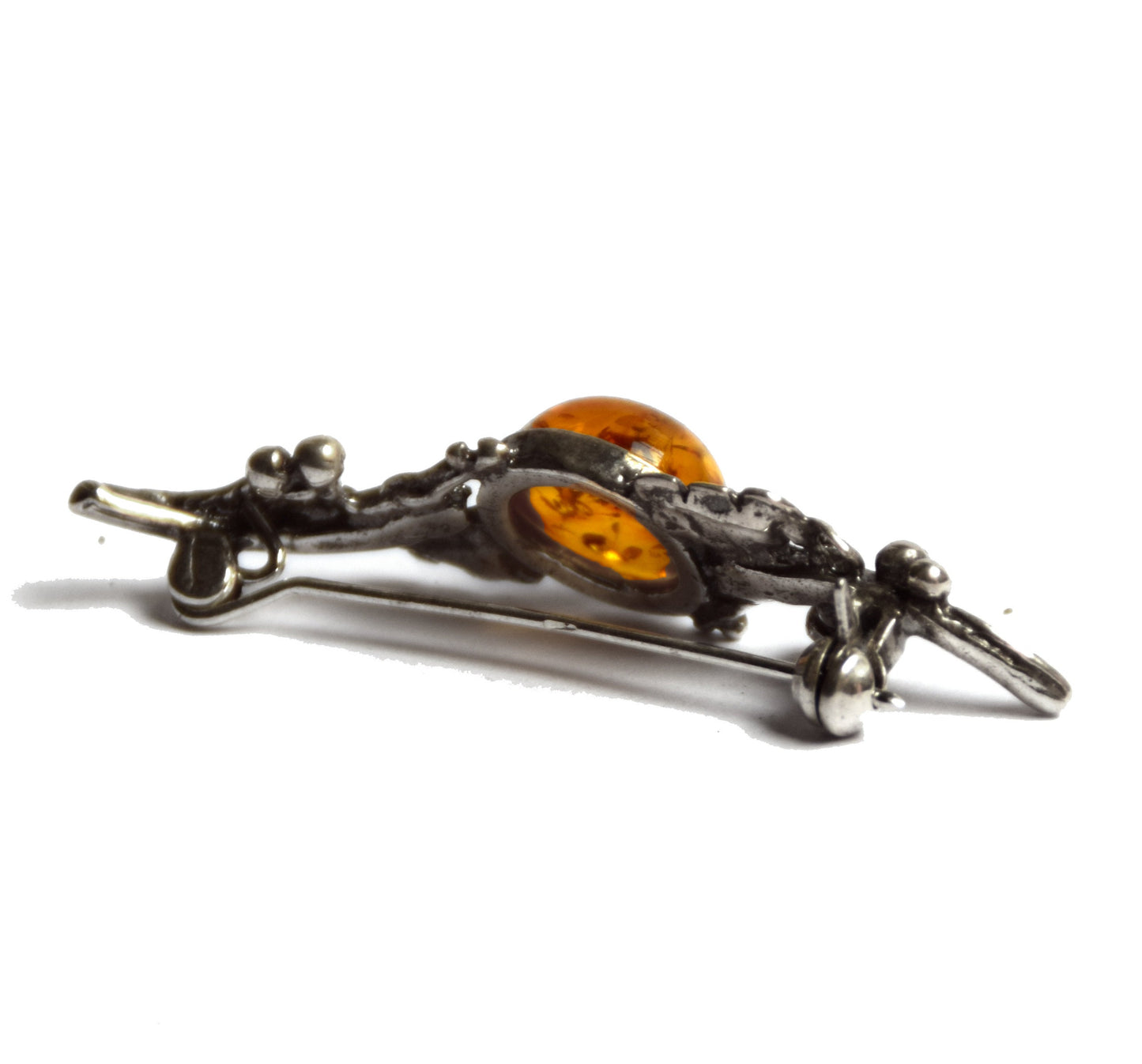 Vintage brooch with floral design created with natural cognac-colored Amber and 925 Silver, MJ Baltica, BBR016