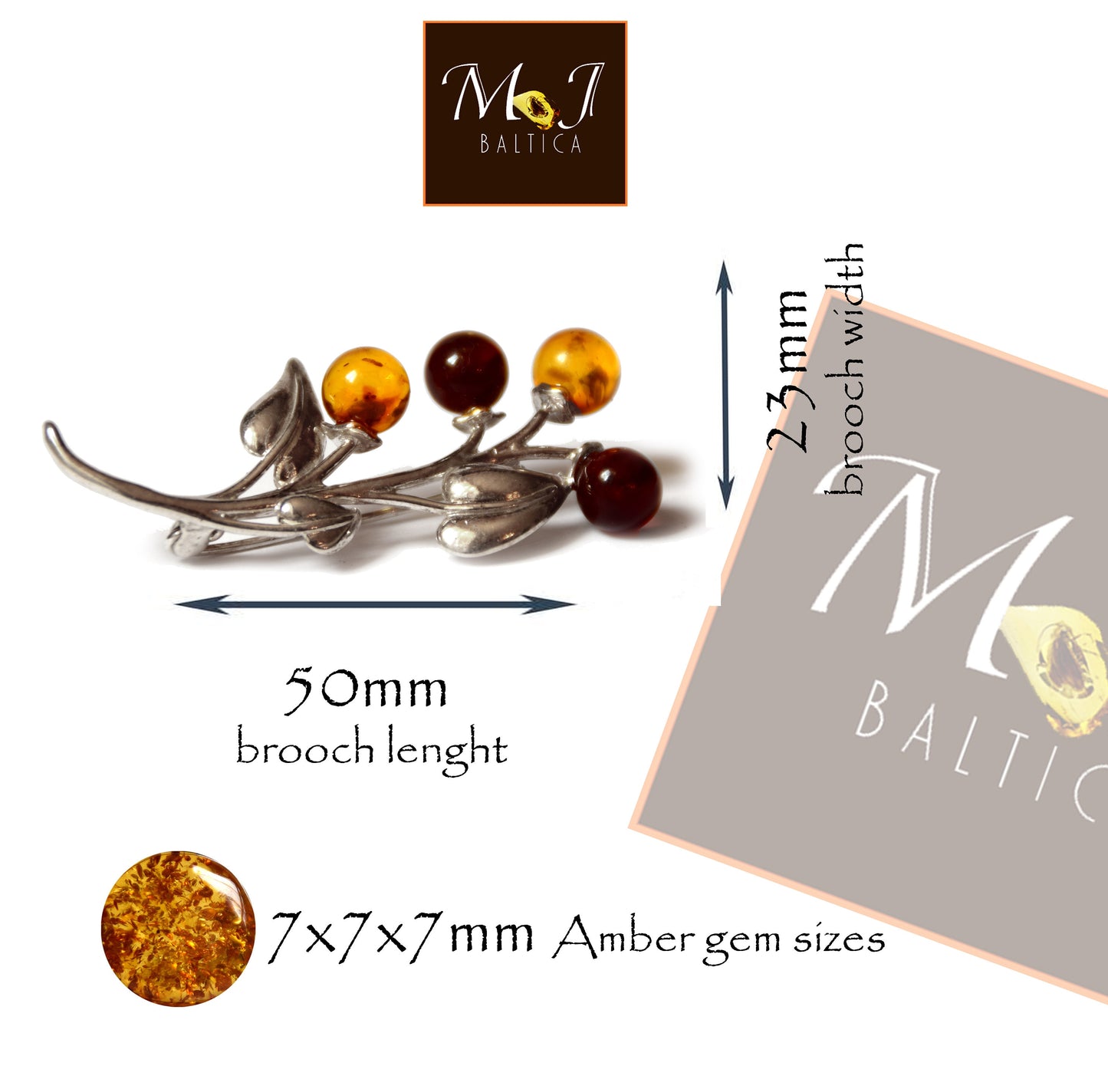 Luminosa spilla floreale creata con Ambra naturale color cognac e Argento 925, MJ Baltica, BBR018