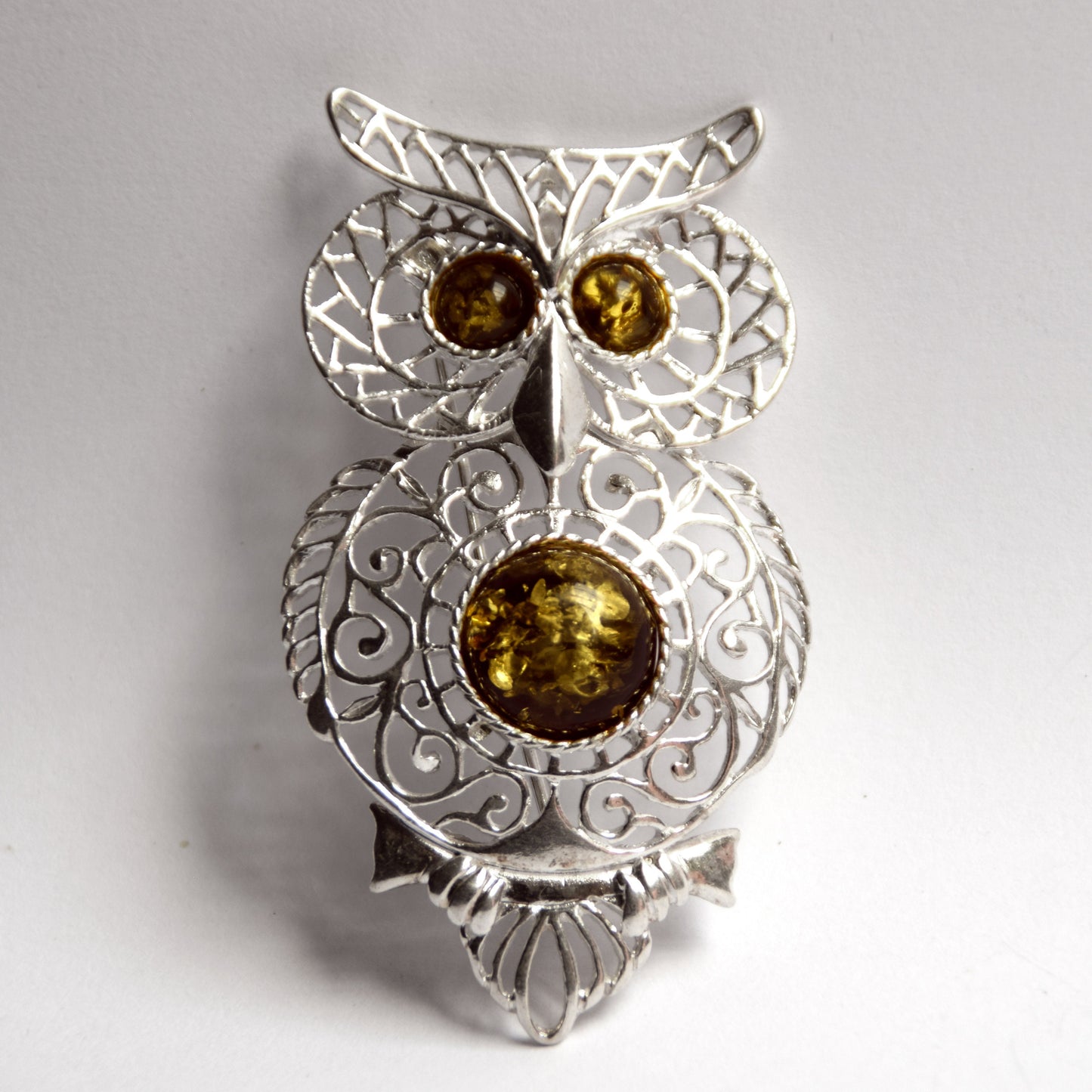 MJ Baltica, brooch, natural Baltic Amber, 925 Silver, owl, filigree, beautiful, Green Amber, BBR020