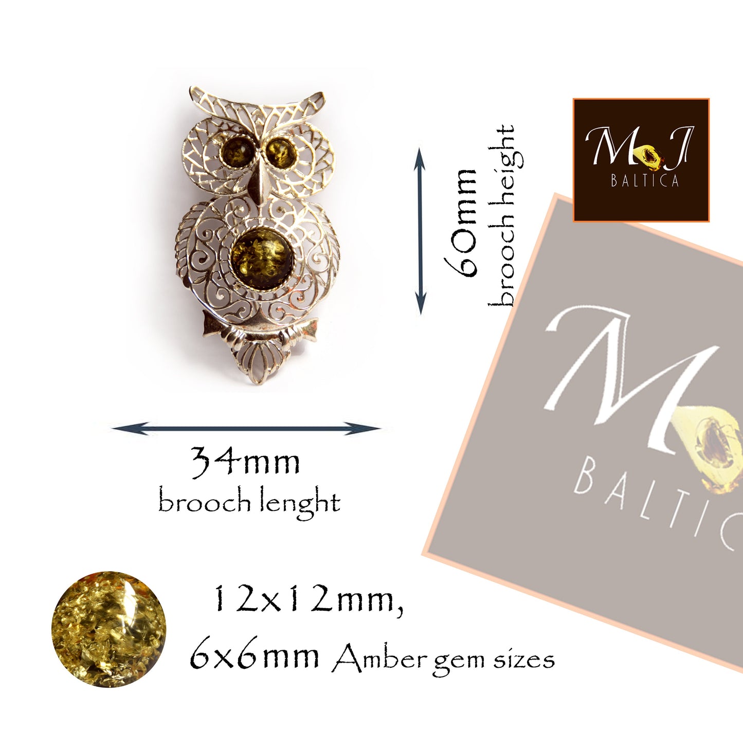 MJ Baltica, brooch, natural Baltic Amber, 925 Silver, owl, filigree, beautiful, Green Amber, BBR020