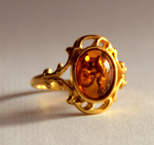 MJ Baltica, ring, natural Baltic Amber, 925 Silver, 14k Gold Plated, vintage, classic, elegant, BZP027