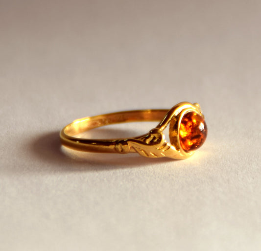 MJ Baltica, ring, natural Baltic Amber, 925 Silver, 14k Gold plated, vintage, delicate, handcrafted, BZP026