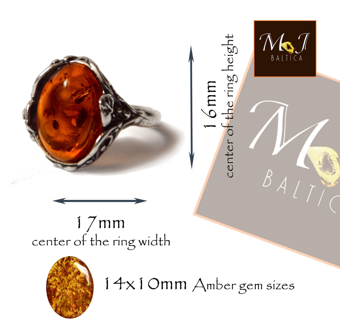 MJ Baltica, ring, natural Baltic amber, 925 silver, vintage, leaves, classic, BP068