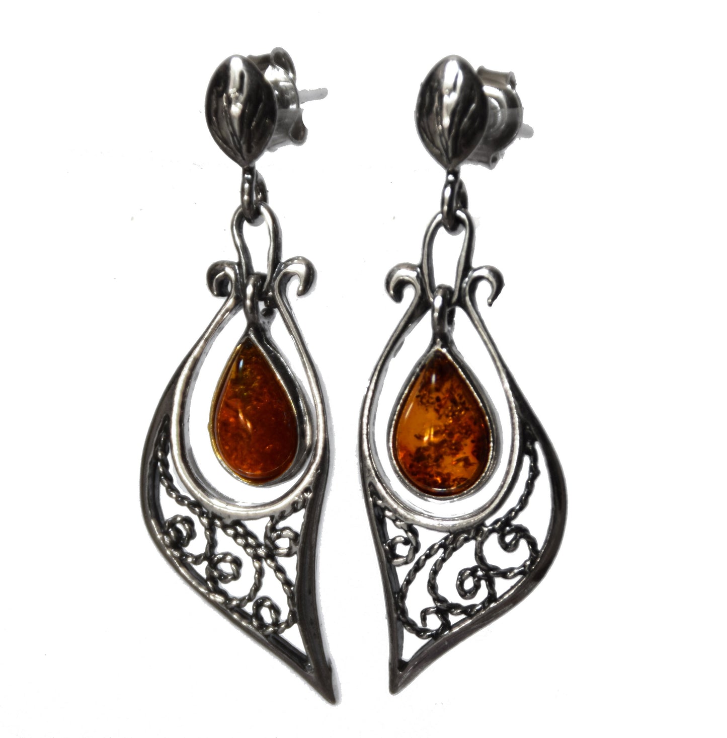 MJ Baltica, earrings, natural Baltic amber, 925 silver, filigree, unique, vintage, BK100