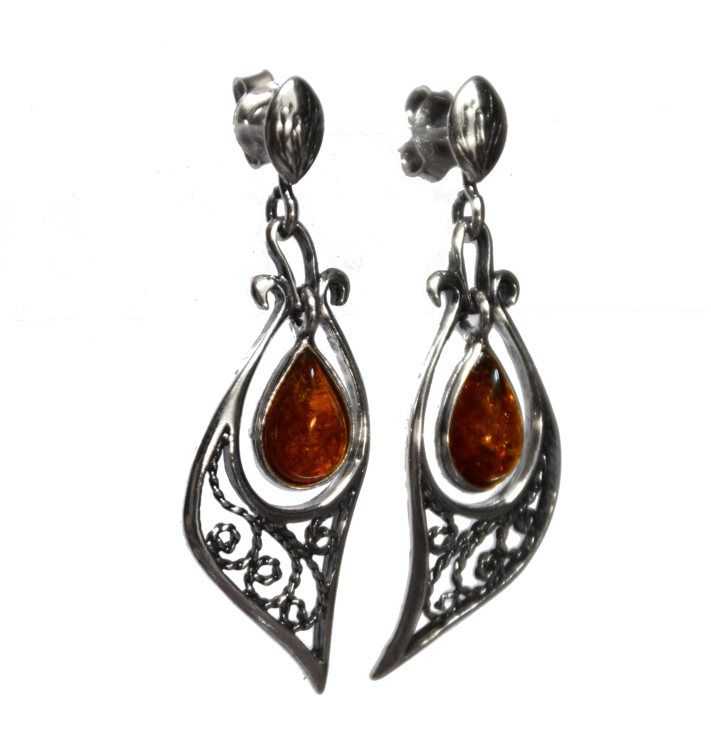 MJ Baltica, earrings, natural Baltic amber, 925 silver, filigree, unique, vintage, BK100