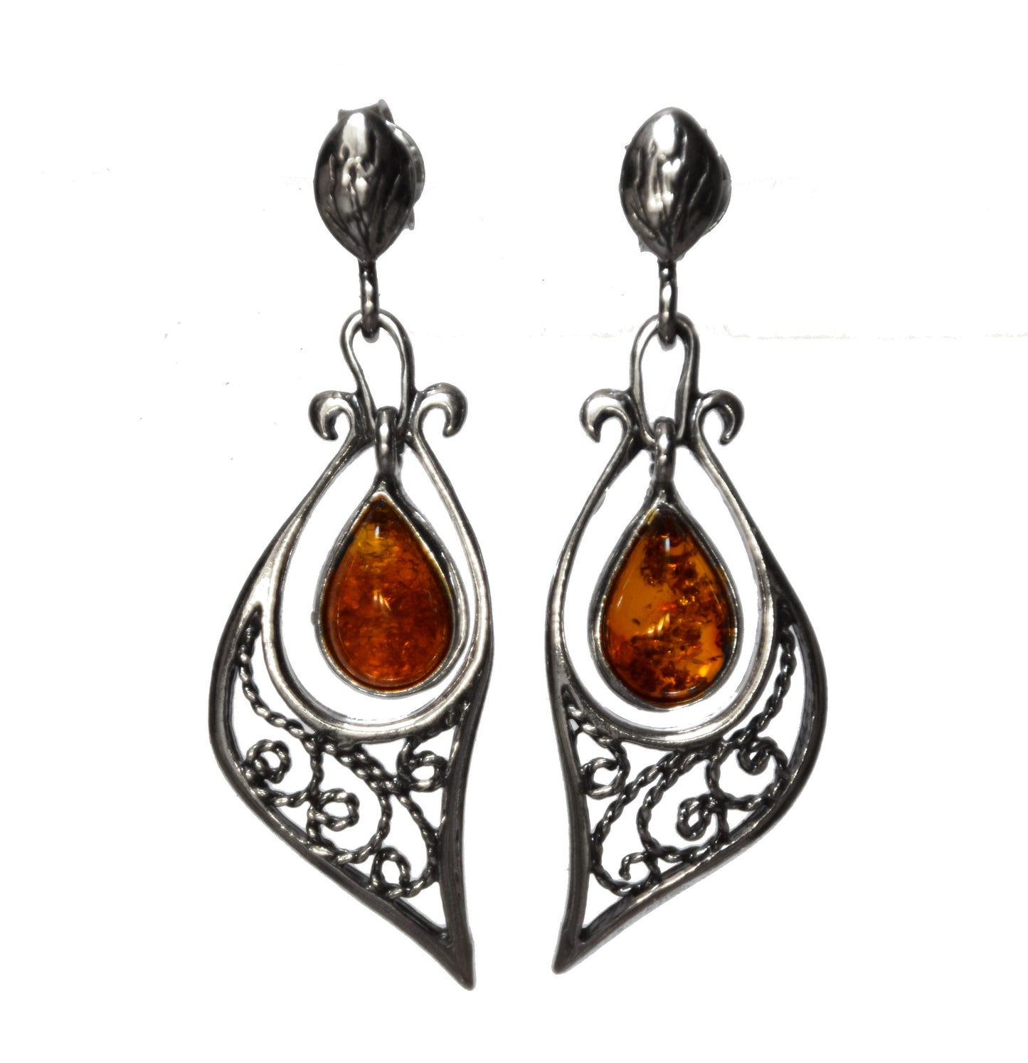 MJ Baltica, earrings, natural Baltic amber, 925 silver, filigree, unique, vintage, BK100