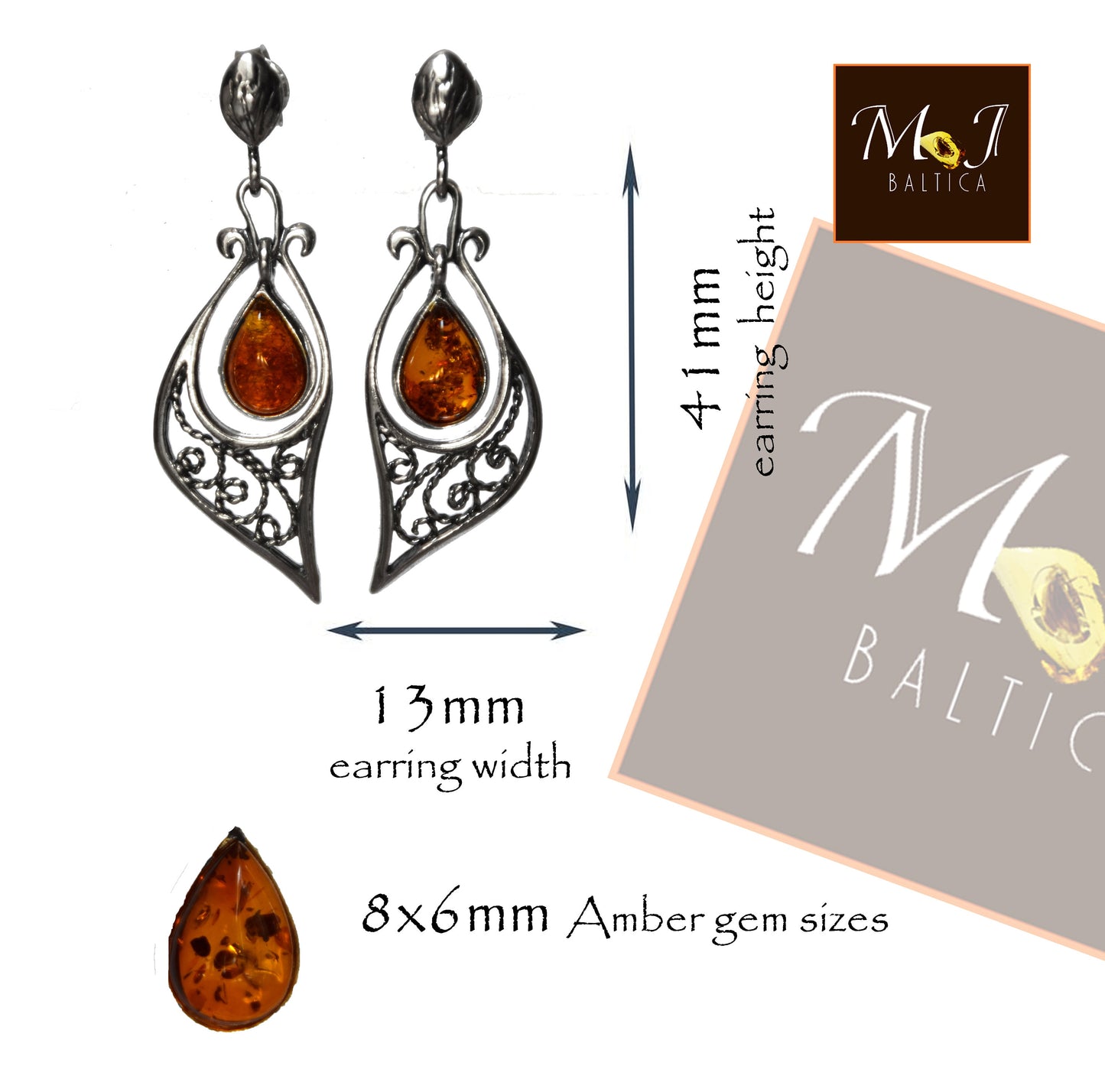 MJ Baltica, earrings, natural Baltic amber, 925 silver, filigree, unique, vintage, BK100