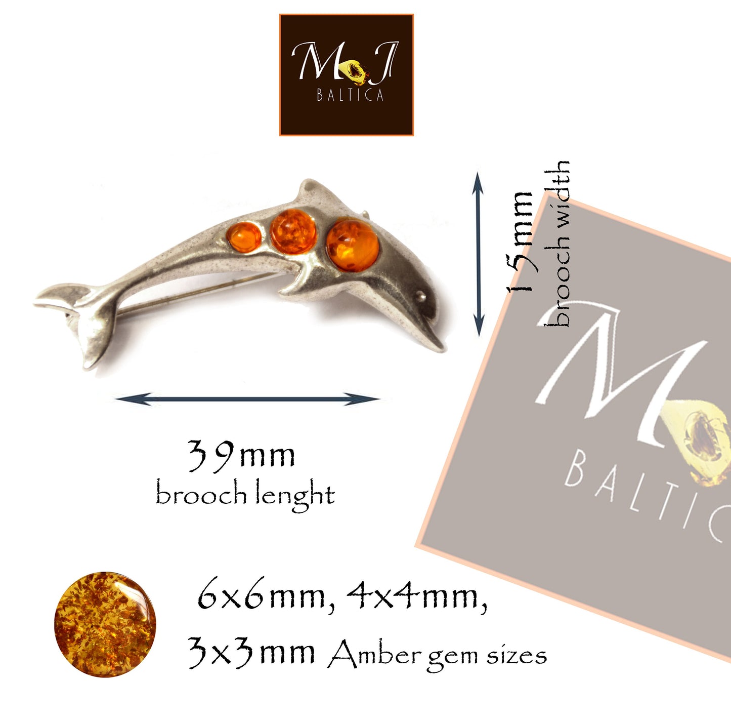 MJ Baltica, brooch, natural Baltic amber, 925 silver, dolphin, jumping, delicious, BBR013