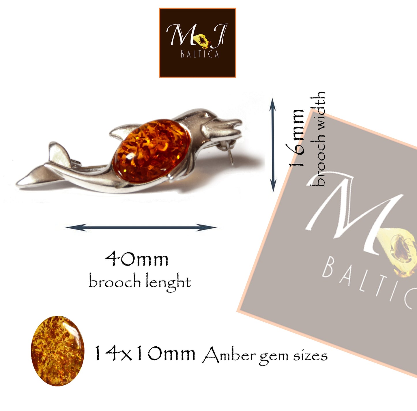 MJ Baltica, brooch, natural Baltic amber, 925 silver, dolphin, beautiful, handcrafted BBR014