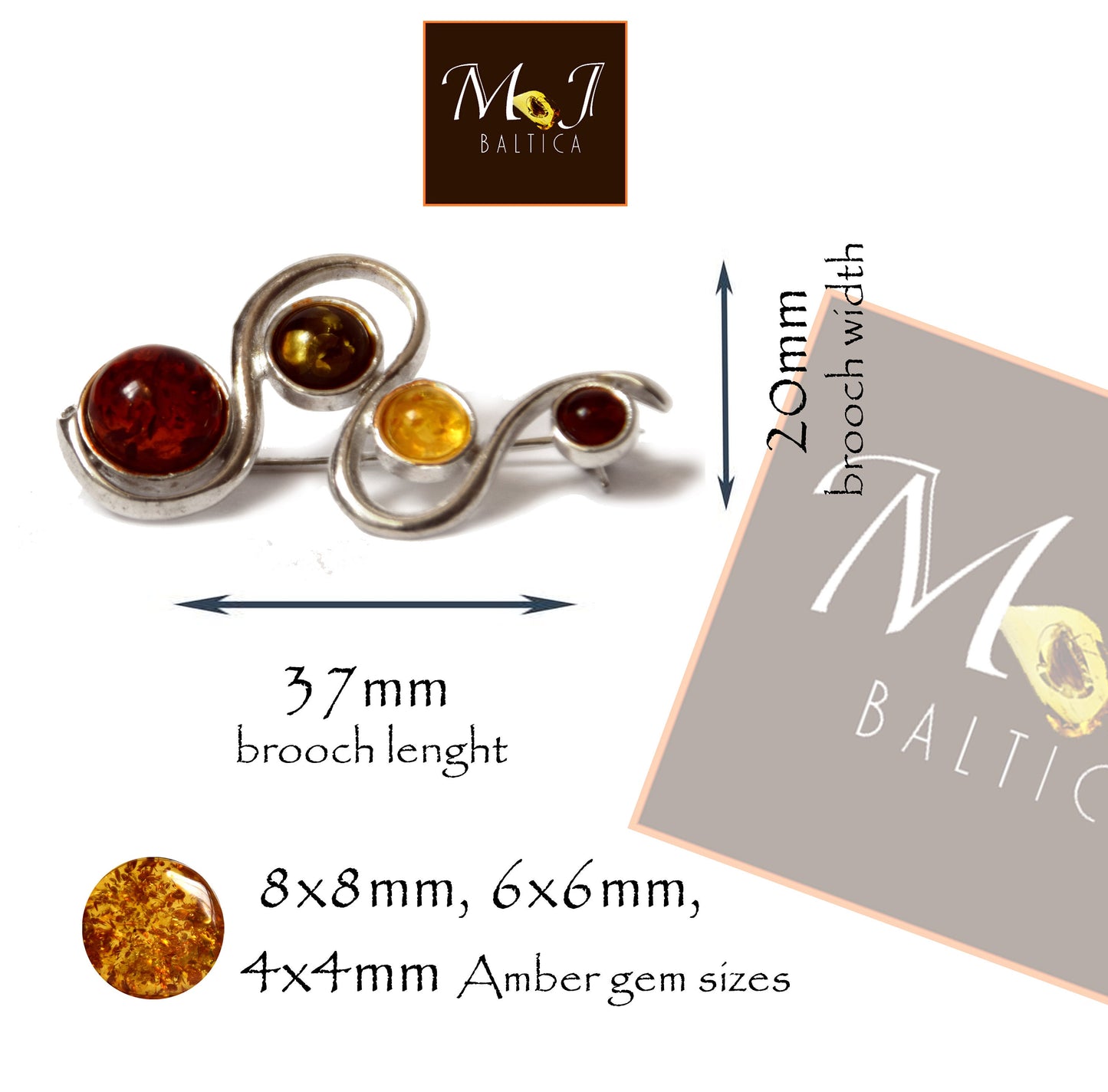 MJ Baltica, spilla, Ambra naturale Baltica, Argento 925, astratta, sfere, multicolore, artigianale, BBR015