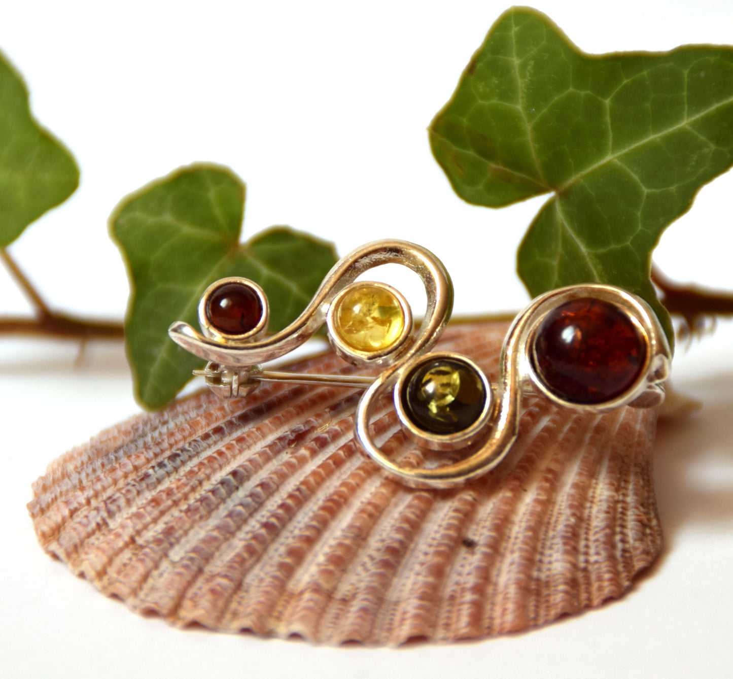 MJ Baltica, spilla, Ambra naturale Baltica, Argento 925, astratta, sfere, multicolore, artigianale, BBR015