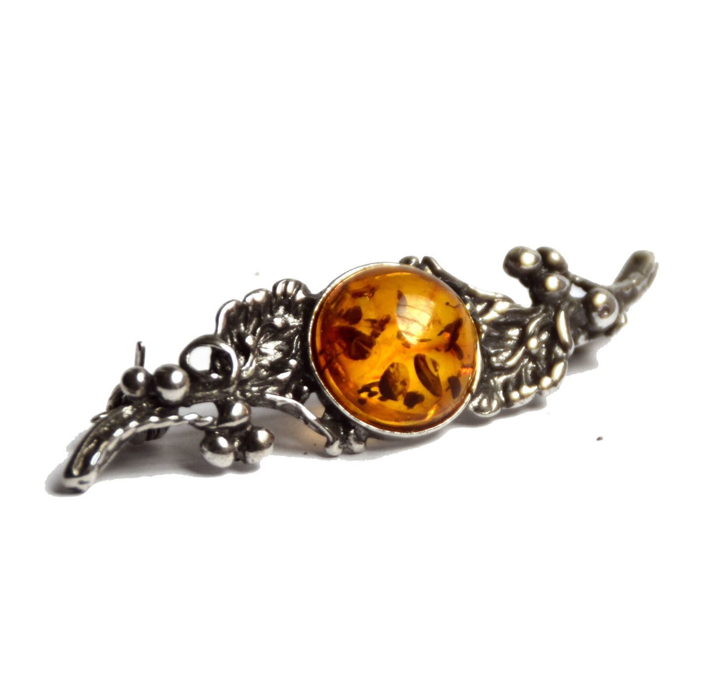 Vintage brooch with floral design created with natural cognac-colored Amber and 925 Silver, MJ Baltica, BBR016
