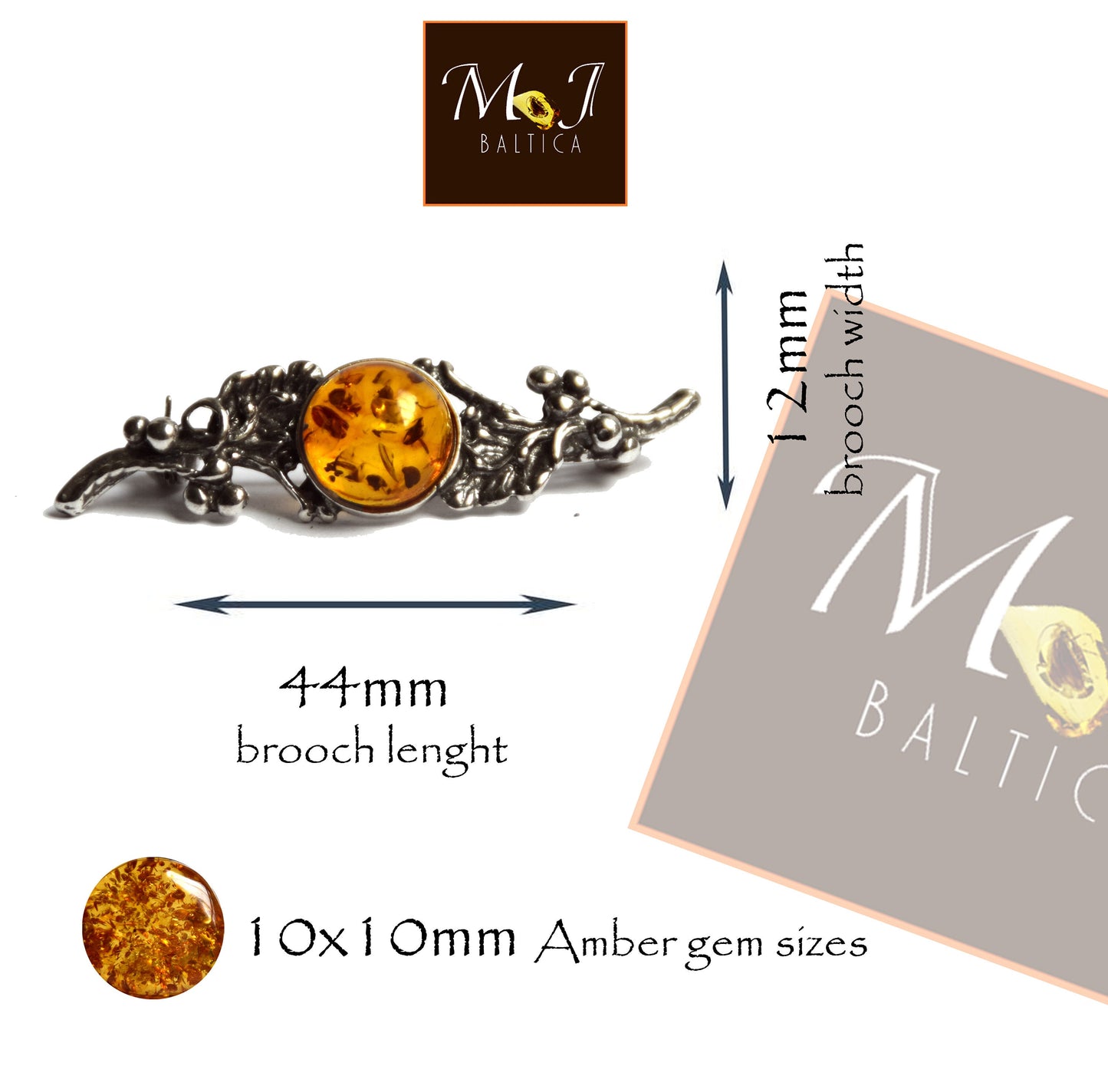 Vintage brooch with floral design created with natural cognac-colored Amber and 925 Silver, MJ Baltica, BBR016