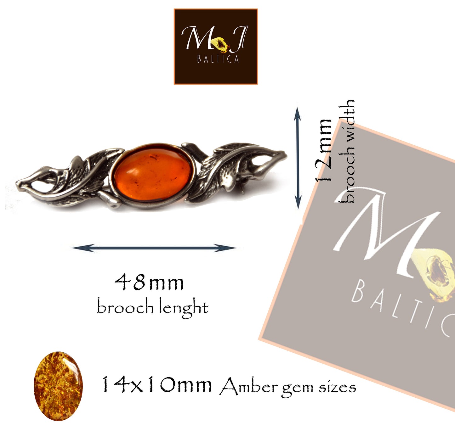 Vintage-style floral design brooch crafted with natural cognac amber and 925 silver, MJ Baltica, BBR017