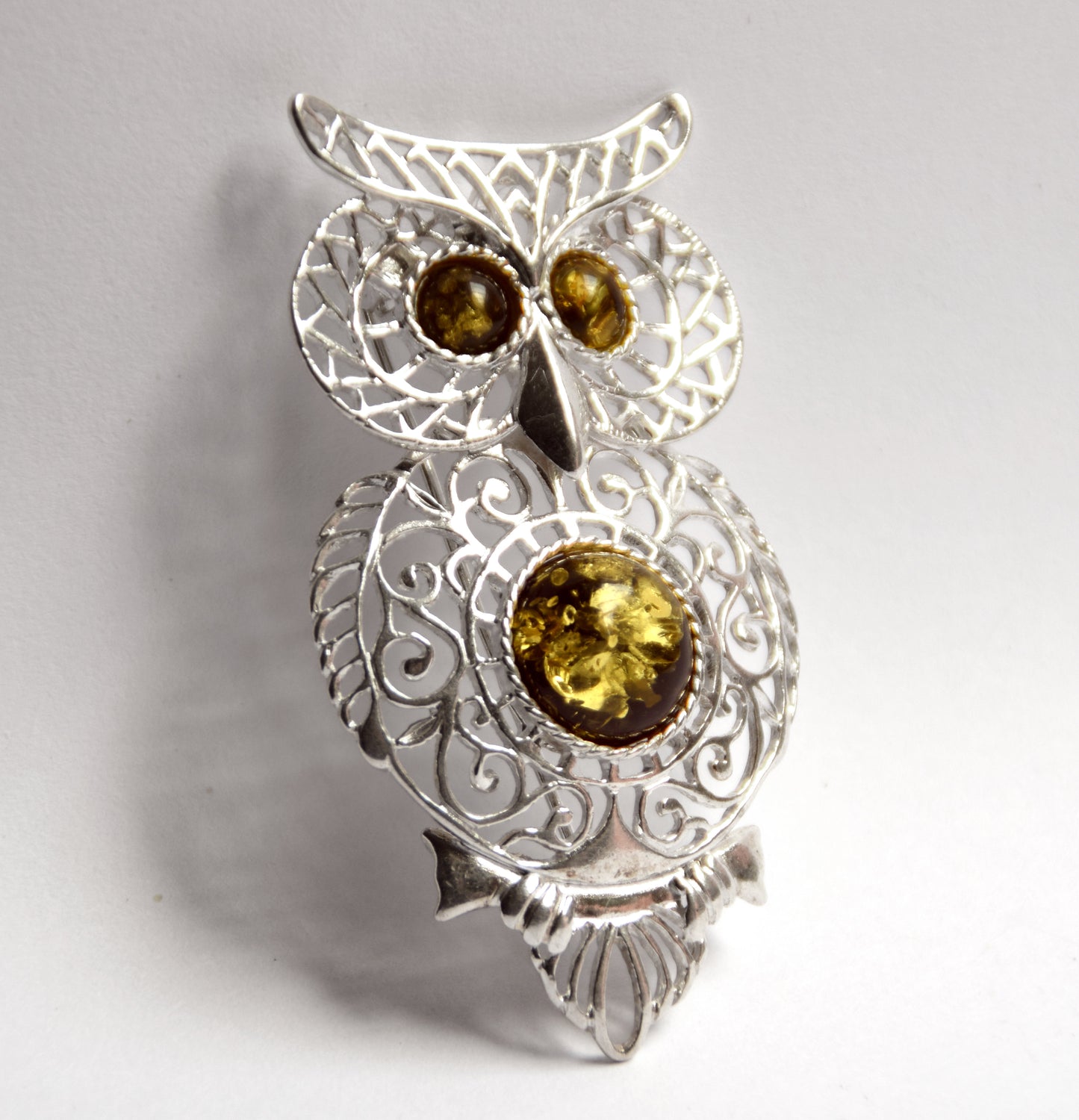 MJ Baltica, brooch, natural Baltic Amber, 925 Silver, owl, filigree, beautiful, Green Amber, BBR020