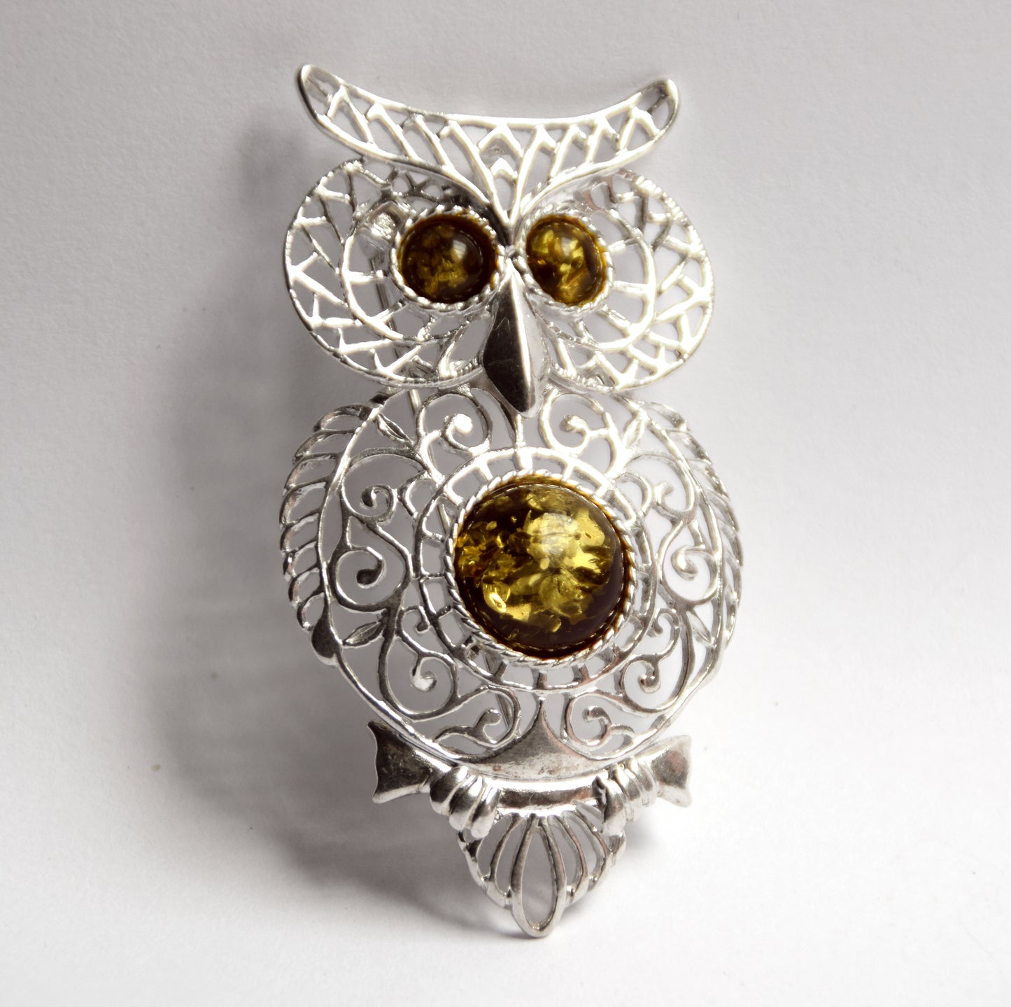 MJ Baltica, brooch, natural Baltic Amber, 925 Silver, owl, filigree, beautiful, Green Amber, BBR020