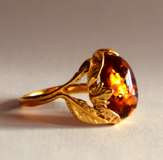 MJ Baltica, ring, Natural Baltic Amber, 925 Silver, 14k Gold plated, vintage, leaves, handcrafted, BZP025