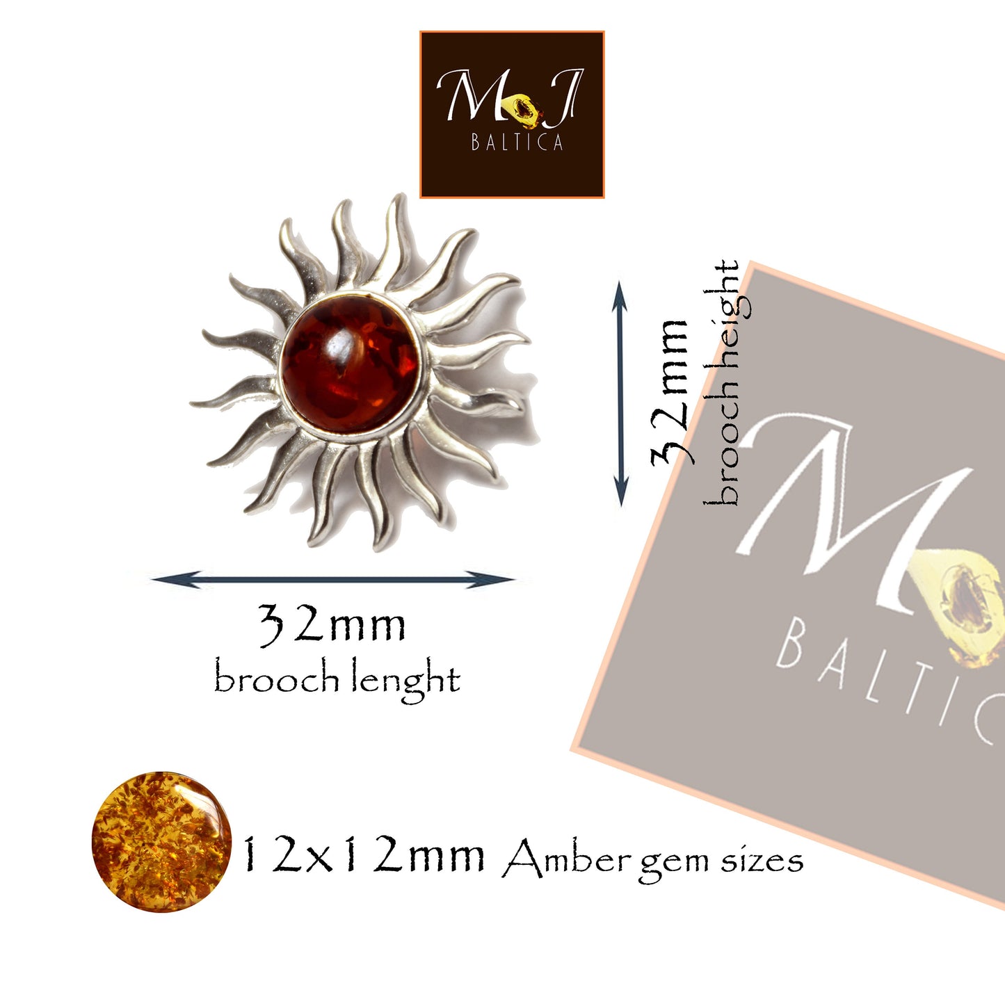 MJ Baltica, Brooch, natural Baltic amber, 925 silver, sun, large, luminous, BBR026