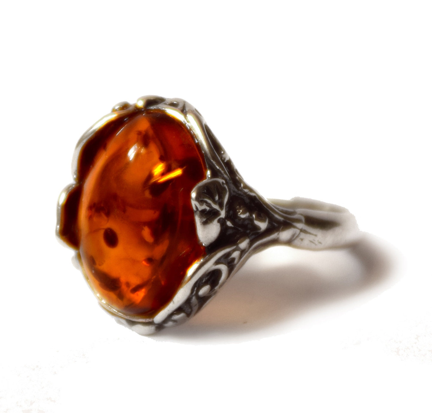 MJ Baltica, ring, natural Baltic amber, 925 silver, vintage, leaves, classic, BP068