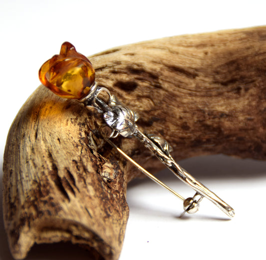 MJ Baltica, brooch, natural Baltic amber, 925 silver, pink, flower, handcrafted, BBR031