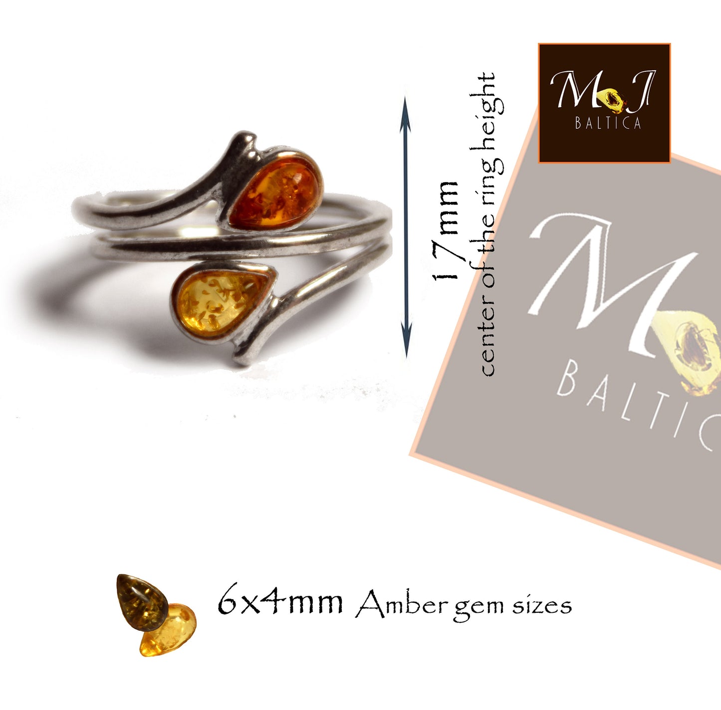 MJ Baltica, ring, natural Baltic amber, 925 silver, adjustable, spiral, modern, BP070