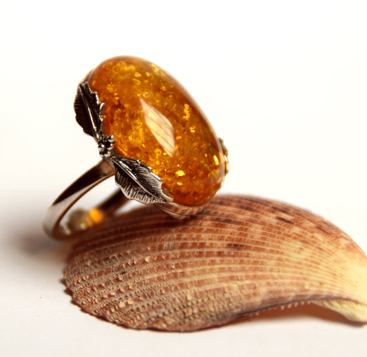 MJ Baltica, ring, natural Baltic Amber, 925 Silver, large, unique, leaves and clusters, BP072