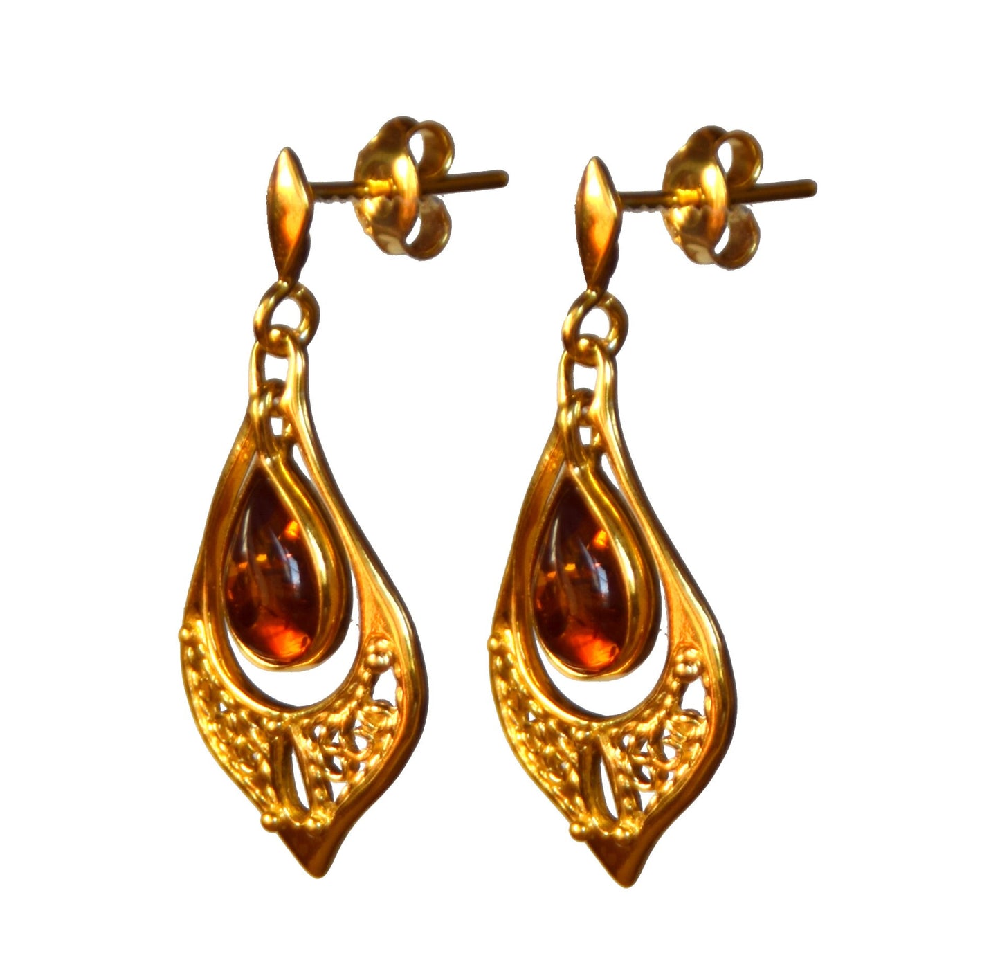 MJ Baltica, earrings, natural Baltic Amber, 925 Silver, 14k Gold plated, filigree, oriental, drop BZK050