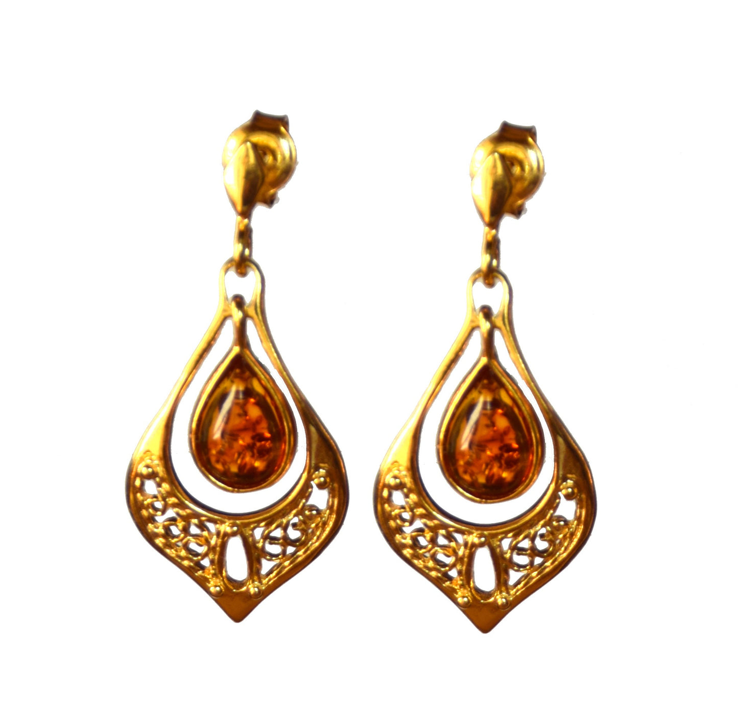 MJ Baltica, earrings, natural Baltic Amber, 925 Silver, 14k Gold plated, filigree, oriental, drop BZK050