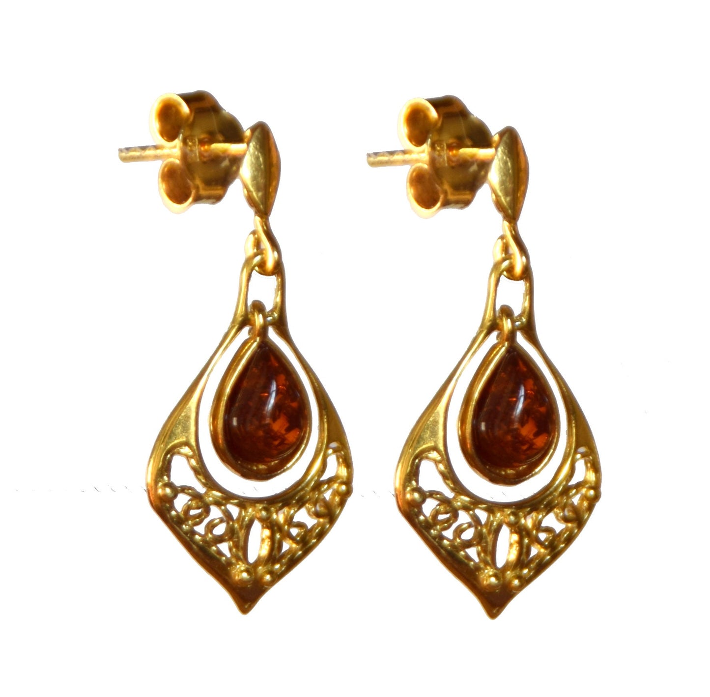 MJ Baltica, earrings, natural Baltic Amber, 925 Silver, 14k Gold plated, filigree, delicate, elegant, BZK052