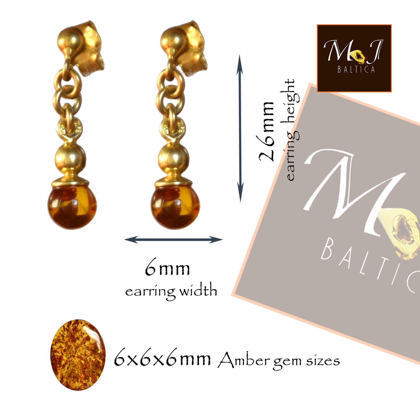 MJ Baltica, orecchini, Ambra naturale Baltica, Argento 925, placcato in Oro 14k, sfera, leggera, delicata, BZK056