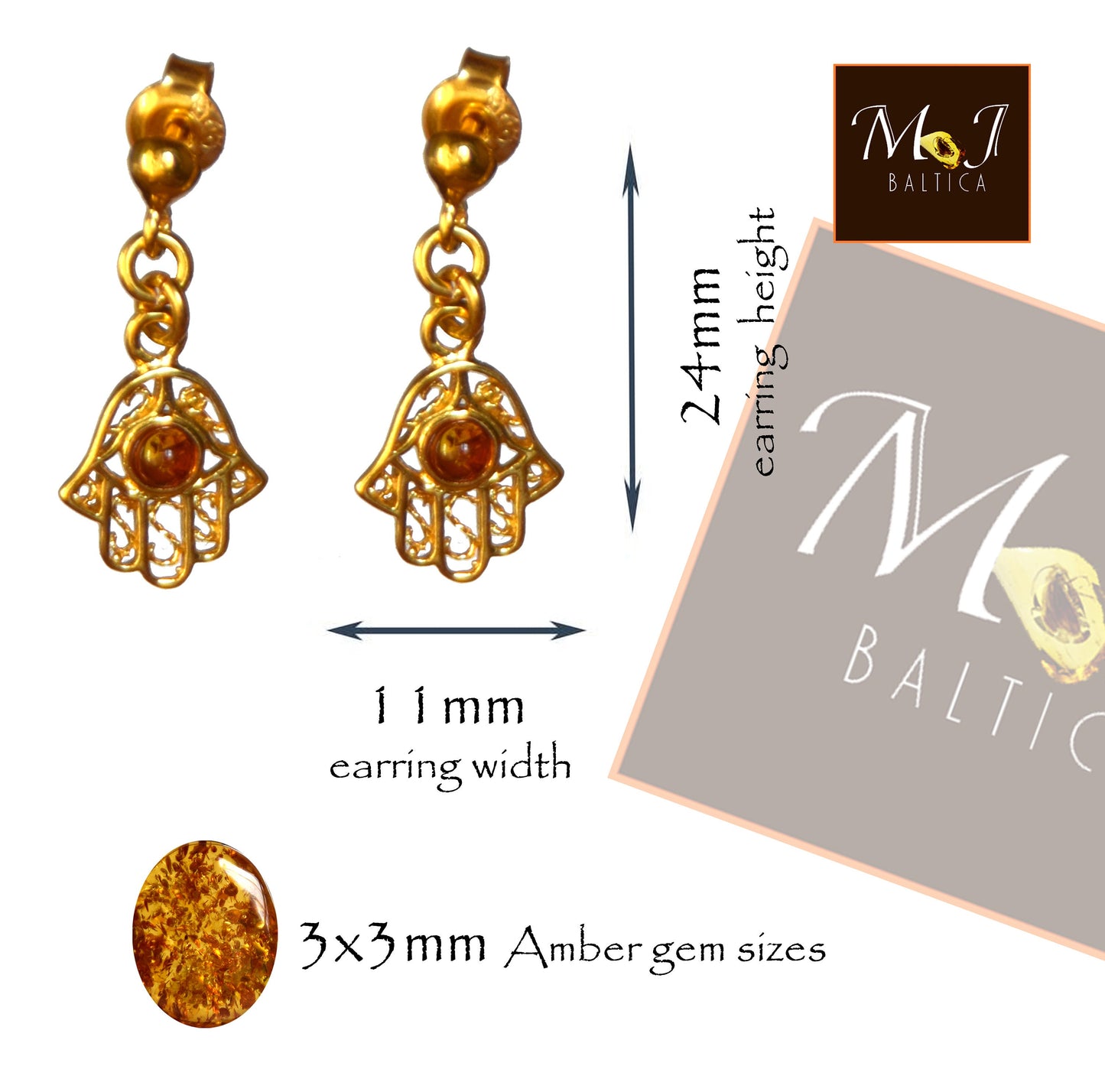 MJ Baltica, orecchini, Ambra naturale Baltica, Argento 925, placcato in Oro 14k, mano di fatima, artigianale, filigrana, BZK061