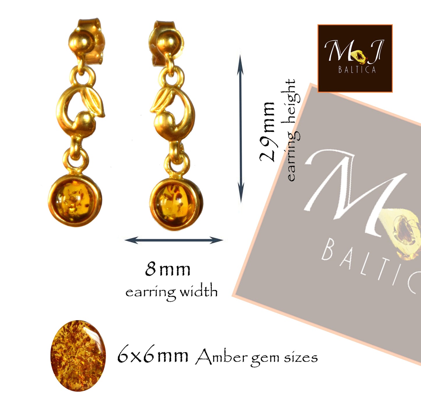 MJ Baltica, orecchini, Ambra naturale Baltica, Argento 925, placcato in Oro 14k, bellissimo, elegante, BZK065