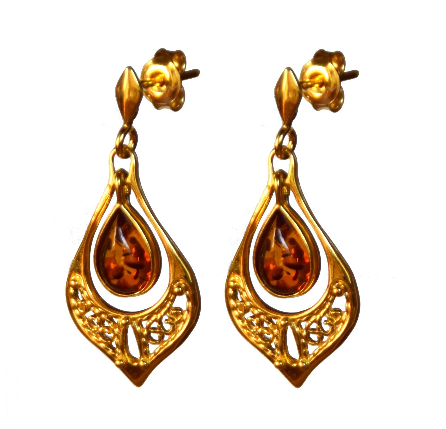 MJ Baltica, earrings, natural Baltic Amber, 925 Silver, 14k Gold plated, filigree, oriental, drop BZK050