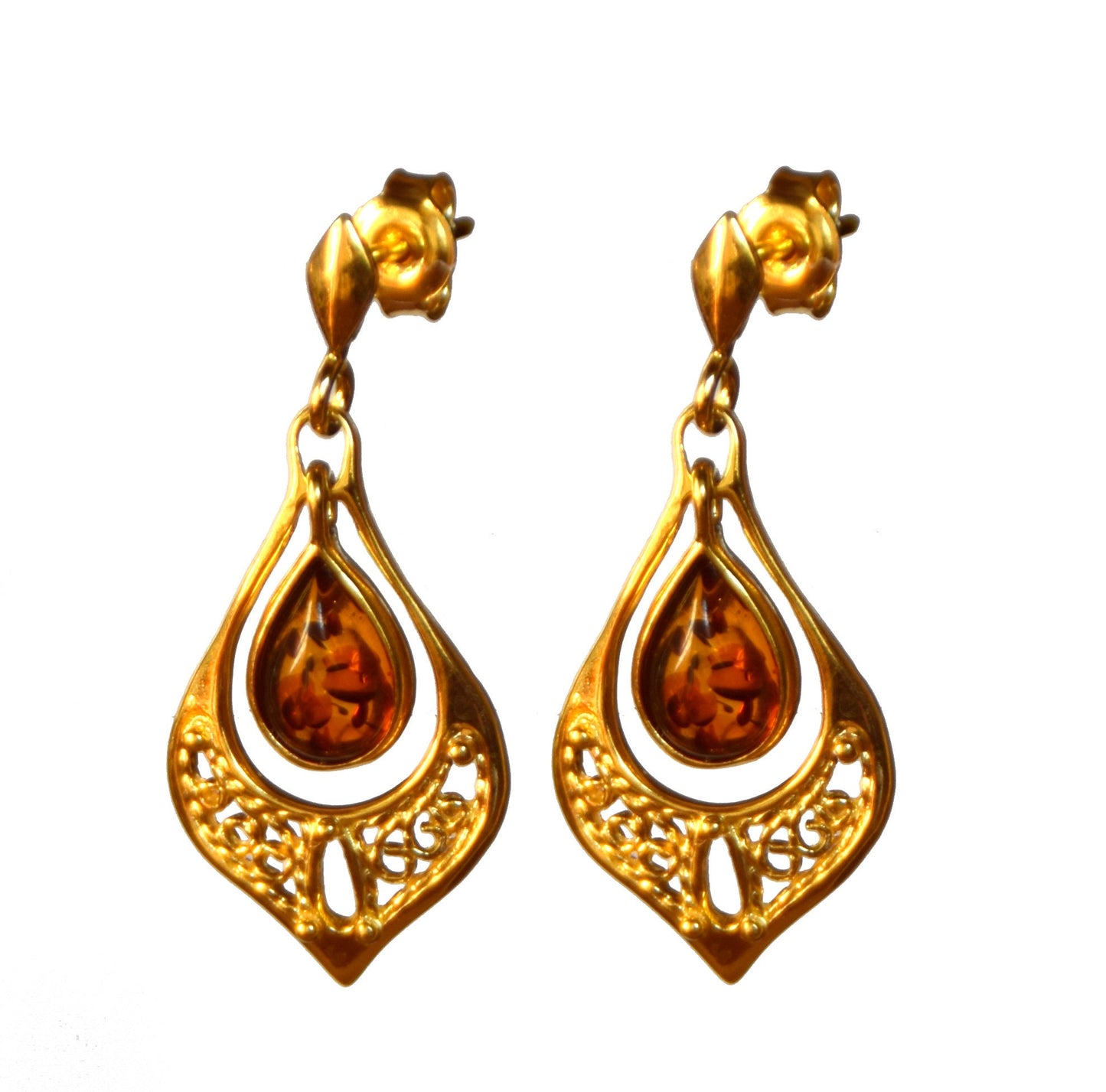 MJ Baltica, earrings, natural Baltic Amber, 925 Silver, 14k Gold plated, filigree, oriental, drop BZK050