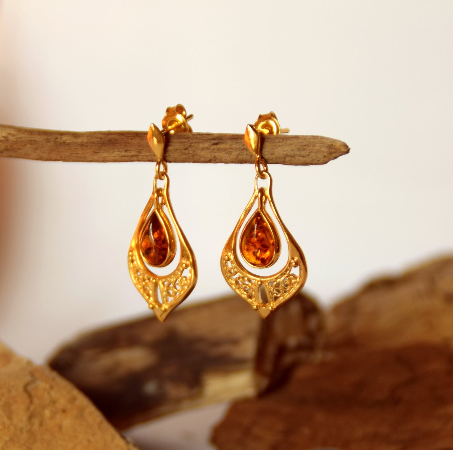 MJ Baltica, earrings, natural Baltic Amber, 925 Silver, 14k Gold plated, filigree, oriental, drop BZK050