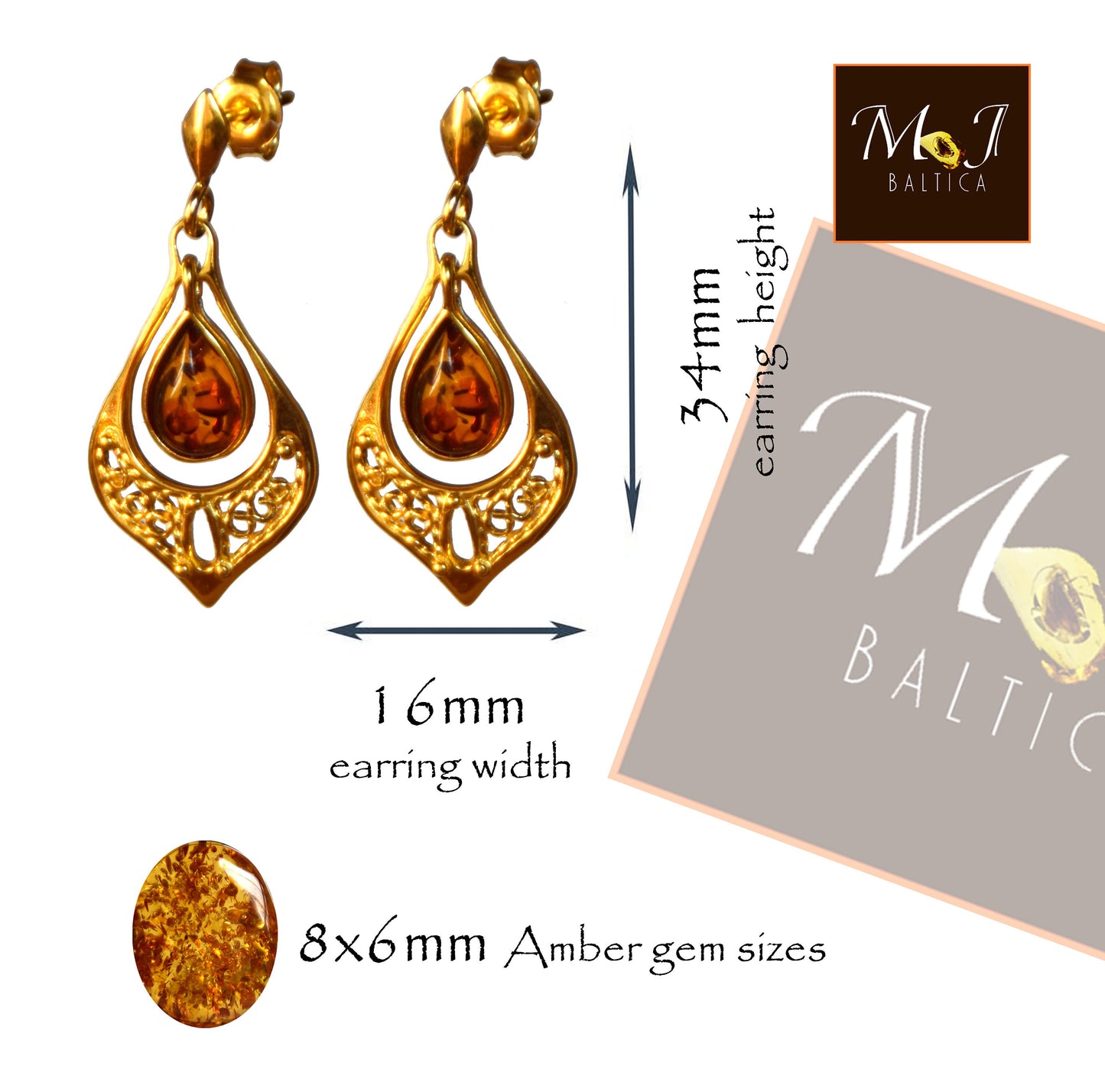 MJ Baltica, earrings, natural Baltic Amber, 925 Silver, 14k Gold plated, filigree, oriental, drop BZK050