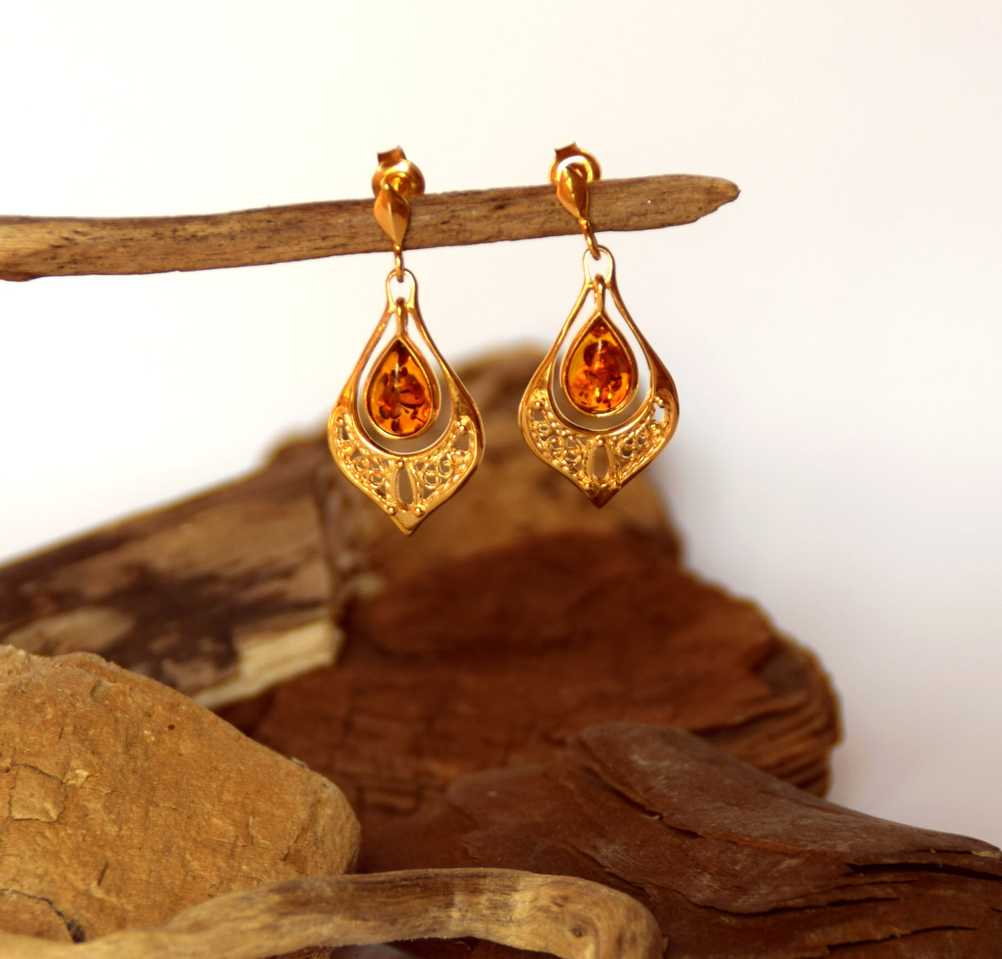 MJ Baltica, earrings, natural Baltic Amber, 925 Silver, 14k Gold plated, filigree, oriental, drop BZK050