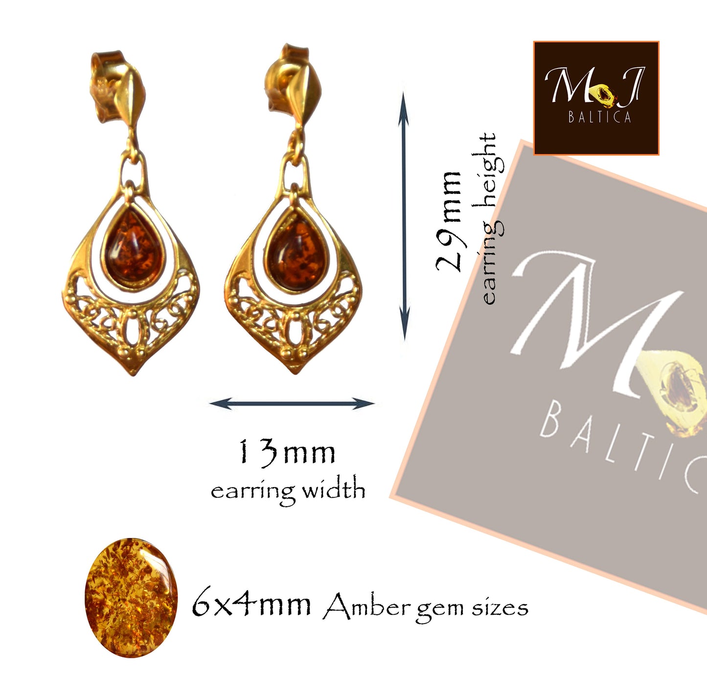 MJ Baltica, earrings, natural Baltic Amber, 925 Silver, 14k Gold plated, filigree, delicate, elegant, BZK052