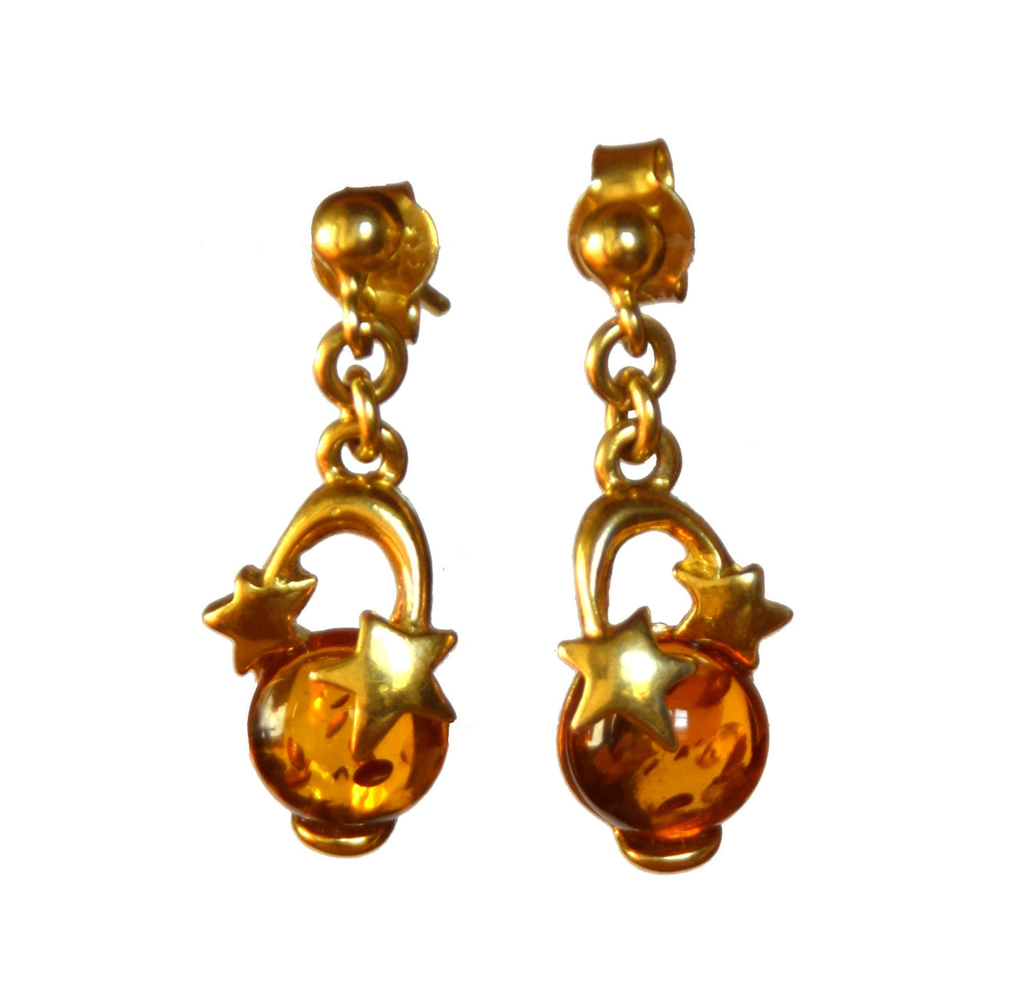 MJ Baltica, earrings, natural Baltic Amber, 925 Silver, 14k Gold plated, stars, shiny, BZK054