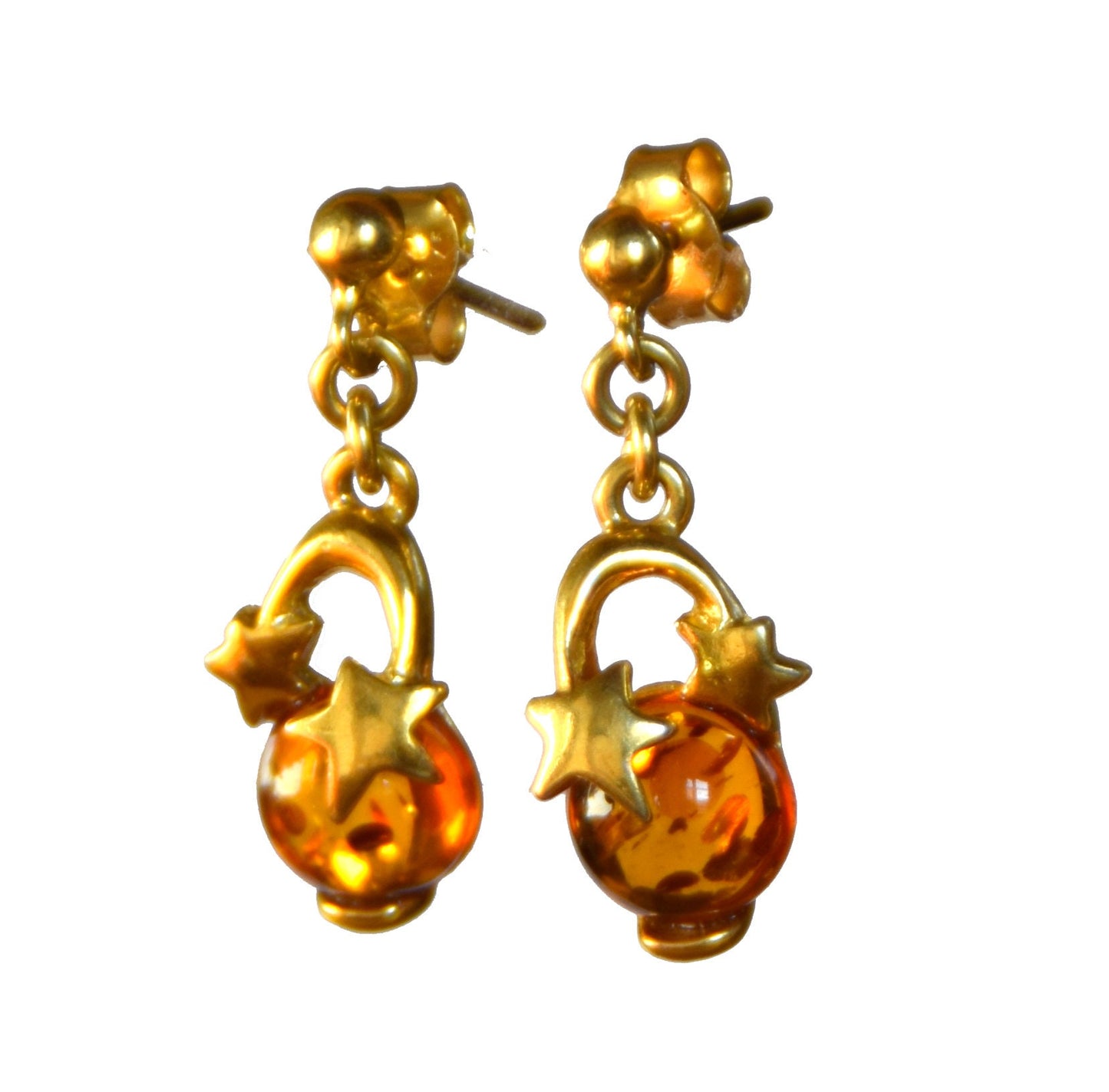 MJ Baltica, earrings, natural Baltic Amber, 925 Silver, 14k Gold plated, stars, shiny, BZK054