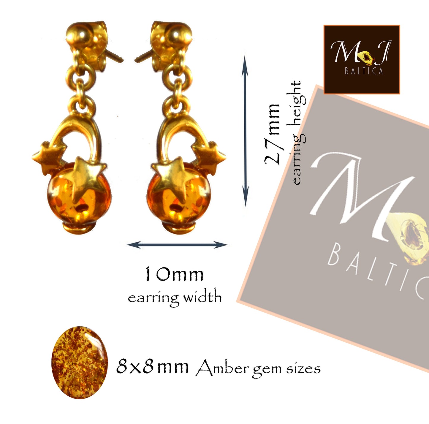 MJ Baltica, earrings, natural Baltic Amber, 925 Silver, 14k Gold plated, stars, shiny, BZK054