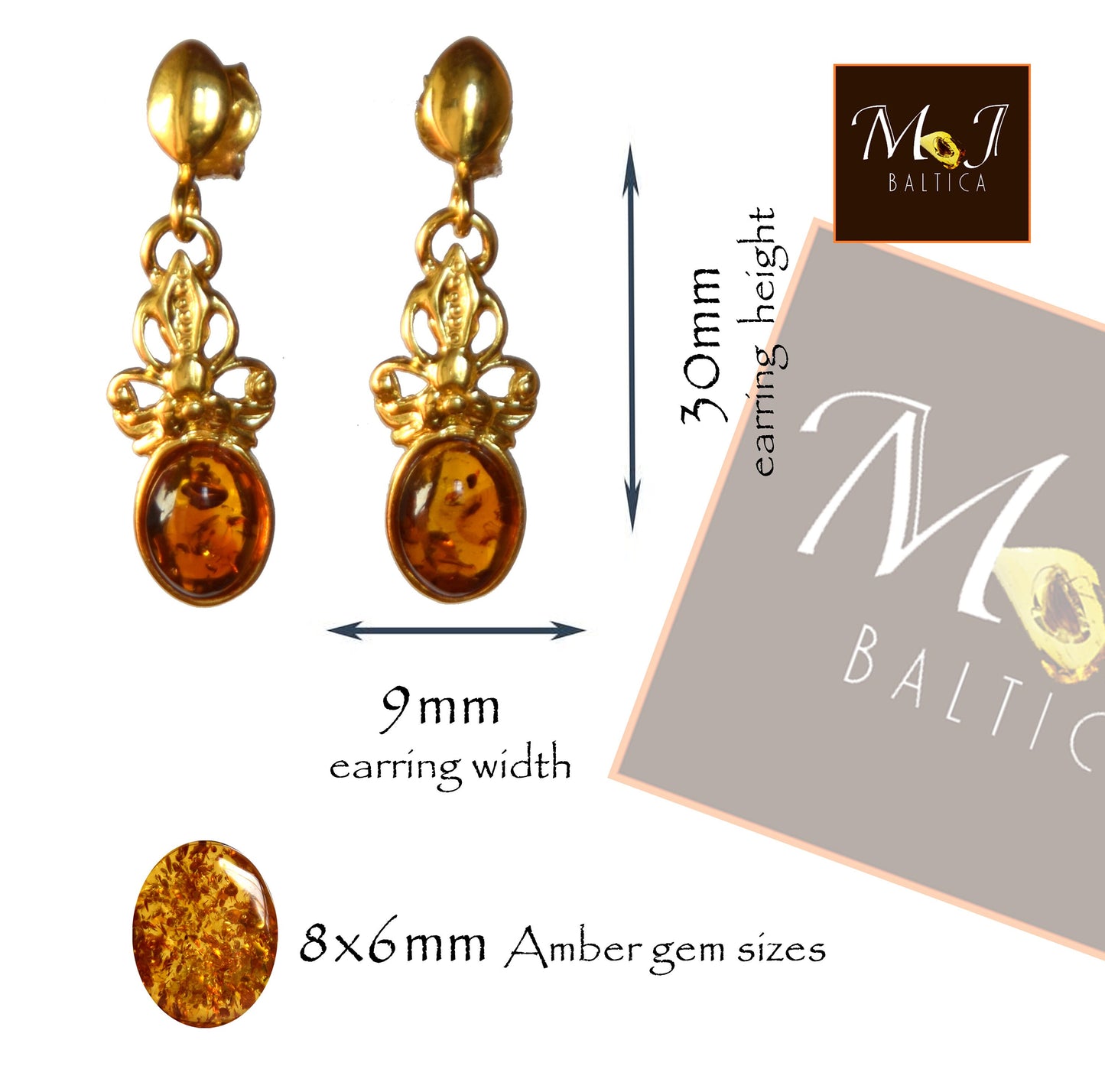 MJ Baltica, orecchini, Ambra naturale Baltica, Argento 925, placcato in Oro 14k, fiocco, dolce, artigianale,BZK055